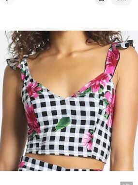 Sans Souci Floral Checker Cropped Top in Black/White/Pink Women’s M